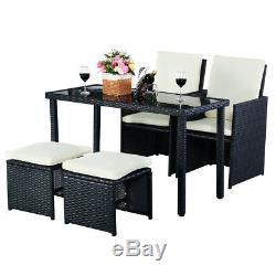 5pc Rattan Patio Set Outdoor Furniture Garden Table+2x Ottomans+2x Chairs