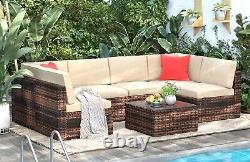 6 Pieces Rattan Garden Furniture Set, Corner Sofa Set with Cushion & Pillows