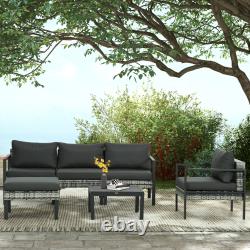 6 Pieces Rattan Garden Furniture Set with Table, Cushions, Stool