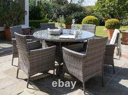 6 Seater Grey Rattan Round Table and 6 Chairs Dining Garden Furniture Set