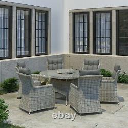 6 Seater Grey Round Rattan Garden Dining Set with Table and Chairs Aspen