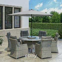 6 Seater Grey Round Rattan Garden Dining Set with Table and Chairs Aspen