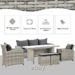 6Pcs Rattan Dining Set Sofa Table Footstool Outdoor with Cushion Garden Furniture