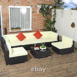 7 Pieces Rattan Garden Furniture Set, Corner Sofa Set with Cushion & Pillows Black