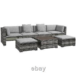 7 Pieces Rattan Garden Furniture Set with Sofa, Shelf, Table, Cushion, Grey