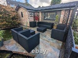7 Seater Set Of Black Rattan Garden Furniture With 3 Tables & 1 Footstool