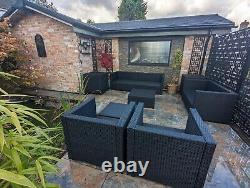 7 Seater Set Of Black Rattan Garden Furniture With 3 Tables & 1 Footstool