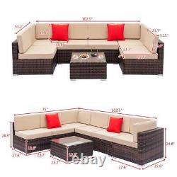 7PCS Rattan Garden Furniture U-Corner Sofa Set Brown Outdoor Patio Coffee Table