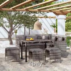 8 seater Rustic garden corner Sofa Set Cushions Rattan patio Grey table furnitur