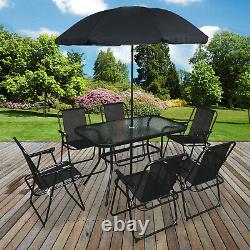 8PC Garden Patio Furniture Set Outdoor Black Rectangular Table Chairs & Parasol