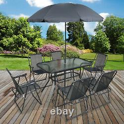 8PC Garden Patio Furniture Set Outdoor Grey Rectangular Table Chairs & Parasol