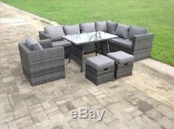 9 Seater Rattan Corner Garden Sofa Dining Table Set Chair Outdoor Furniture Grey