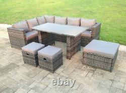 9 Seater Rattan Corner Sofa Garden Furniture Dining Table Set Footstools Grey