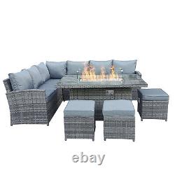 9 Seater Rattan Garden Furniture Corner Set with Gas Fire Pit Table with Cushion