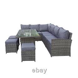 9 Seater Rattan Garden Furniture Corner Set with Gas Fire Pit Table with Cushion