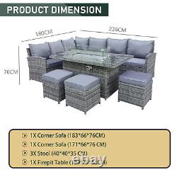 9 Seater Rattan Garden Furniture Corner Set with Gas Fire Pit Table with Cushion