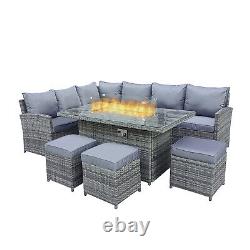 9 Seater Rattan Garden Furniture Corner Set with Gas Fire Pit Table with Cushion