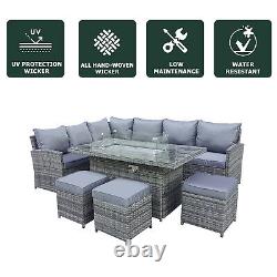 9 Seater Rattan Garden Furniture Corner Set with Gas Fire Pit Table with Cushion