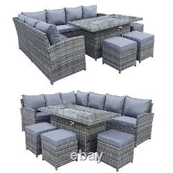 9 Seater Rattan Garden Furniture Corner Set with Gas Fire Pit Table with Cushion