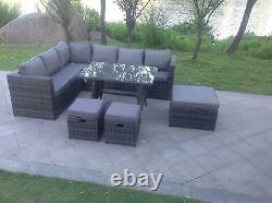 9 Seater Rattan Garden Furniture Set Corner Sofa Dining Table Stool Grey