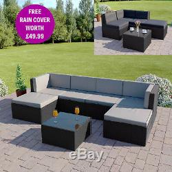 BLACK Rattan Modular Corner Sofa Set Garden Furniture L Shape FREE COVER