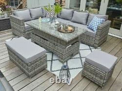 Barcelona 9 Seater Grey Rattan Garden Furniture Dining Set With Rising Table