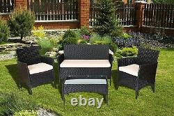 Black 4pc Slim Rattan Garden Furniture Outdoor Dining Sofa Table Chairs Set New