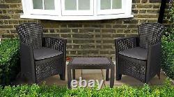 Black Bistro Set Garden Furniture 3 Pc Patio Outdoor Table Armchairs Poly Rattan