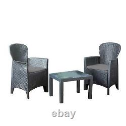 Black Bistro Set Garden Furniture Tables Armchairs Plastic Rattan Patio Chairs