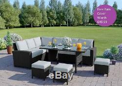 Black Dark Cushions Rattan Corner Garden Furniture Set Dining Table FREE COVER