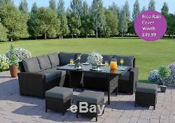 Black Dark Cushions Rattan Corner Garden Furniture Set Dining Table FREE COVER