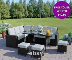 Black Rattan Corner Garden Sofa Furniture Set Dining Table Stools FREE COVER