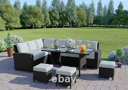 Black Rattan Corner Garden Sofa Furniture Set Dining Table Stools FREE COVER