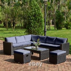 Black Rattan Garden Corner Furniture Set Outdoor 8 Seater Sofa Table Stool Patio