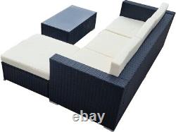 Black Rattan Garden Furniture Set 4 Seater L-Shaped with Glass Top Table