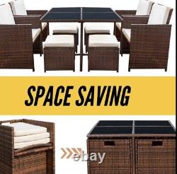 Brown 8 Seater Rattan Garden Furniture Outdoor Dining Sofa Table & Chairs Set Uk