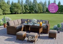 Brown 9 Seater Rattan Corner Garden Furniture Set & Dining Table + FREE COVER