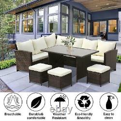 Brown Dark Cushions Rattan Corner Garden Furniture Sofa Set Dining Table Stools