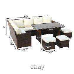 Brown Dark Cushions Rattan Corner Garden Furniture Sofa Set Dining Table Stools