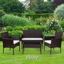 Brown Garden Rattan Set Outdoor Patio Furniture Bench Sofa + 2 Chairs + Table