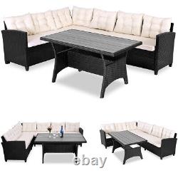 CASARIA Lisbon Polyrattan Garden Corner Sofa Dining Furniture Black withWPC Table