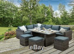 CasaGiardino Grey Rattan Corner Sofa Outdoor Garden Furniture Dining Table Set