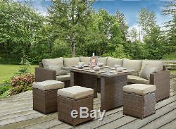 CasaGiardino Grey Rattan Corner Sofa Outdoor Garden Furniture Dining Table Set