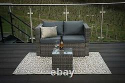 CasaRattan Grey Compact Outdoor Garden Furniture 2 Seater Sofa With Drinks Table