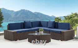 Corner Rattan Garden Furniture Set Sofa Outdoor Patio L-Shape with Blue Cushion