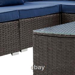 Corner Rattan Garden Furniture Set Sofa Outdoor Patio L-Shape with Blue Cushion