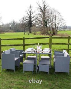 Cube Rattan Garden Furniture Set 8 Seater Dining PE Table Stools Chairs Grey