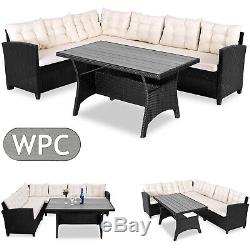 Deuba Poly Rattan Corner Sofa Set WPC Table Black Outdoor Garden Patio Furniture