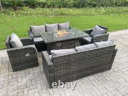 Fimous 6 Option Rattan Garden Furniture Sets Reclining Gas Fire Pit Dining Table
