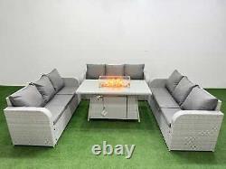 Fimous Outdoor Rattan Garden Furniture Set with Gas Fire Pit Dining Table Sofas